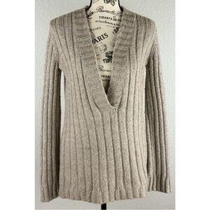 Inhabit Women's Beige Camel/Merino Wool Blend Deep V-Neck Sweater, size Small